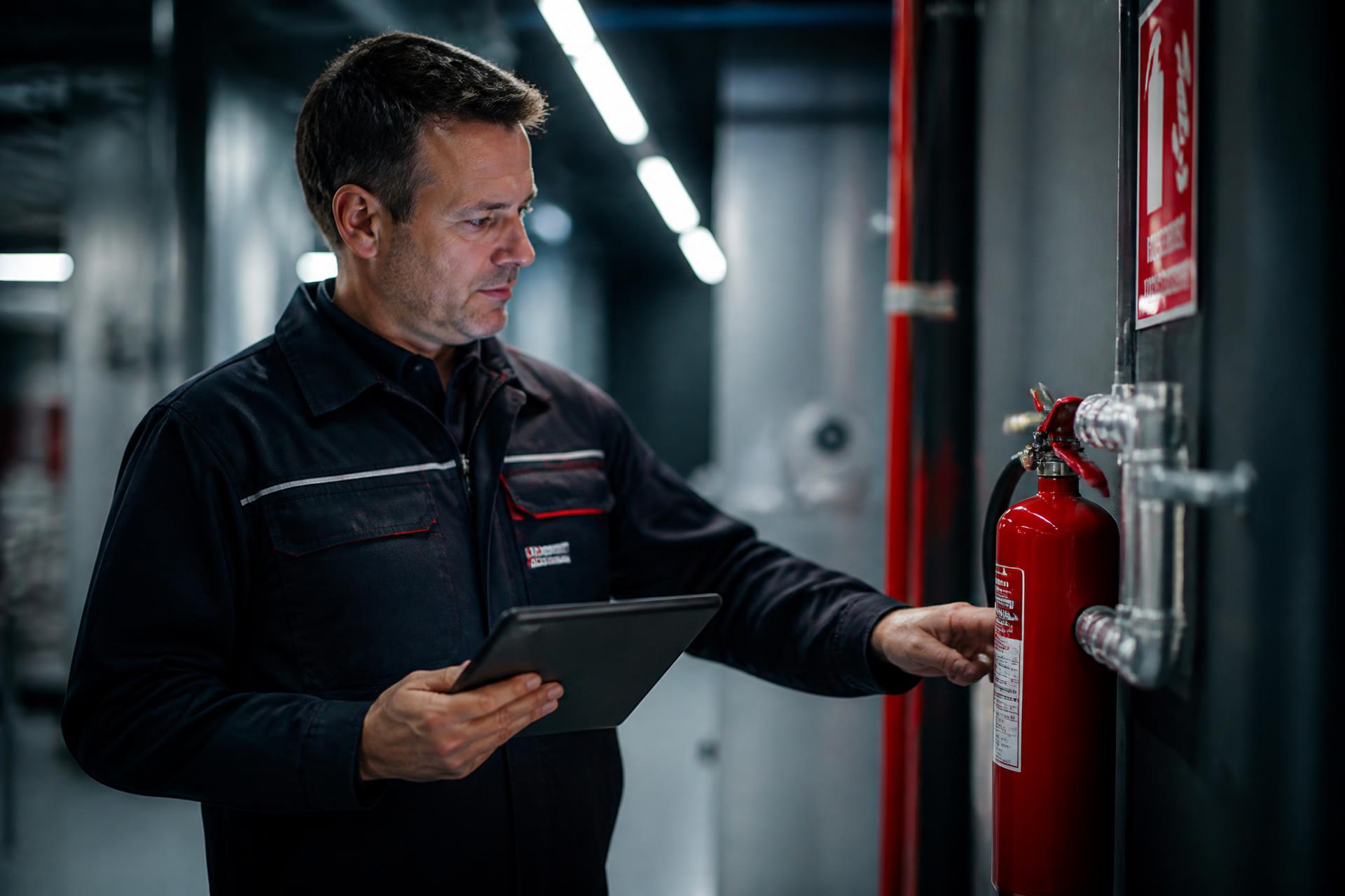 Técnico da COMEX inspecionando um extintor em ambiente industrial